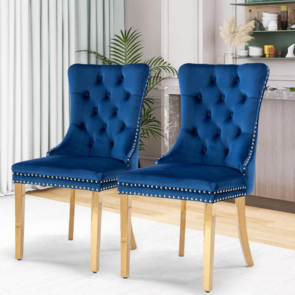 Blue Velvet Dining Chair Set Of 2 With Tufted Nailhead Trim-2