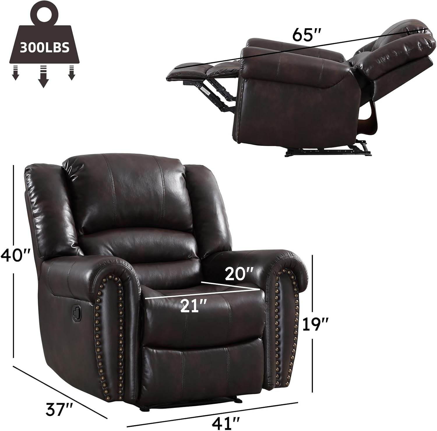Leather Recliner Chair, Classic and Traditional Manual Recliner Chair with Comfortable Arms and Back Single Sofa for Living Room, Dark Brown - Loft&Timber