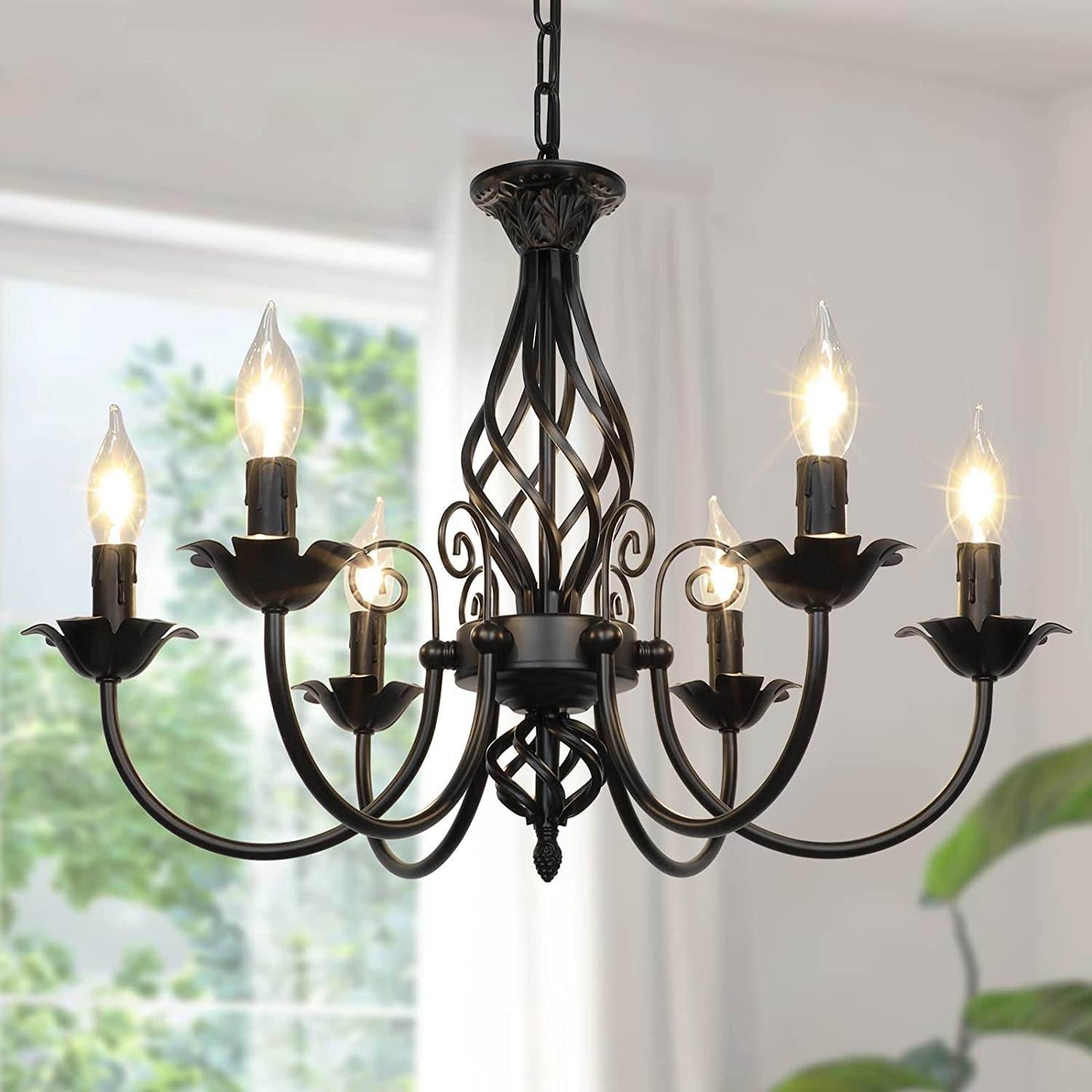 6-Light Farmhouse Candle Chandelier for Living Room, Rustic Industrial Pendant Ceiling Light Fixture, Vintage Hanging Lamp for Bedroom Hallway Kitchen Dining Room Foyer, Matte Black E12 Socket - Loft&Timber