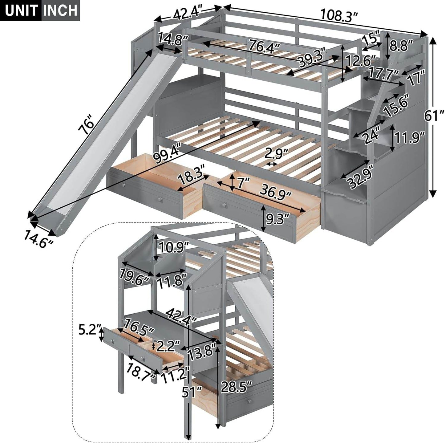 Twin over Twin Bunk Bed with 4 Drawers and Storage Staircase, Wood Bed Frame with Desk and Shelves, Twin Beds with Slide and Full-Length Guardrails for Kid'S Room or Dormitory, Gray - Loft&Timber
