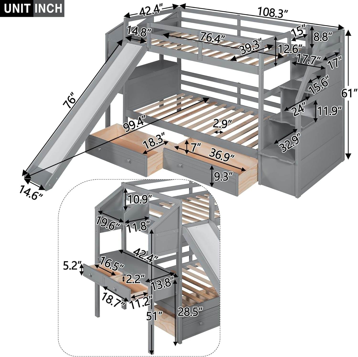 Twin over Twin Bunk Bed with 4 Drawers and Storage Staircase, Wood Bed Frame with Desk and Shelves, Twin Beds with Slide and Full-Length Guardrails for Kid'S Room or Dormitory, Gray - Loft&Timber