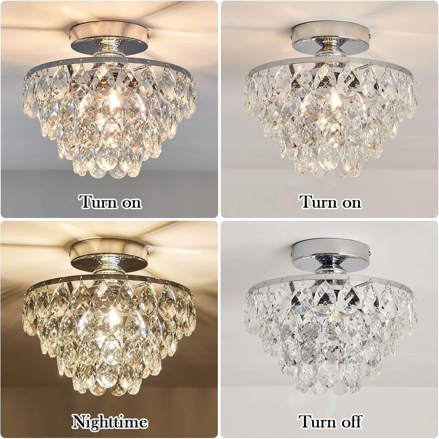 Modern E26 Small Crystal Chandelier Semi Flush Mount Ceiling Light Fixture Silver Ceiling Lamp for Hallway Bedroom Bathroom Closet Bedroom Foyer （Chrome） - Loft&Timber