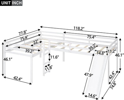 Wooden Twin Size Double Loft Bed with Slide and Ladder, L-Shaped Bed Frame with Full-Length Guardrail, Wood Bedframe for Kids Teens Adults Bedroom, 2 Twin Beds,White - Loft&Timber