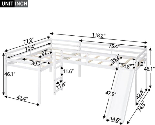 Wooden Twin Size Double Loft Bed with Slide and Ladder, L-Shaped Bed Frame with Full-Length Guardrail, Wood Bedframe for Kids Teens Adults Bedroom, 2 Twin Beds,White - Loft&Timber