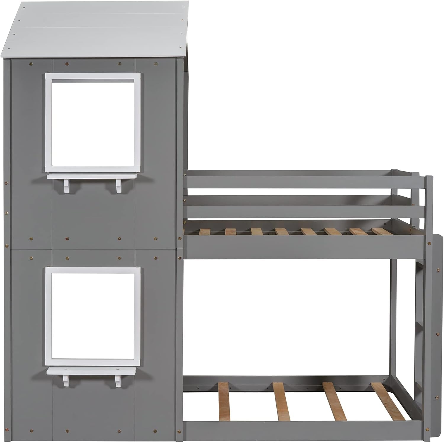 Twin Bunk Beds with House Shape, House Bunk Bed with Roof, Window & Ladders, Twin over Twin Bunk Bed for Kids Girls Boys Teens (Grey)-3
