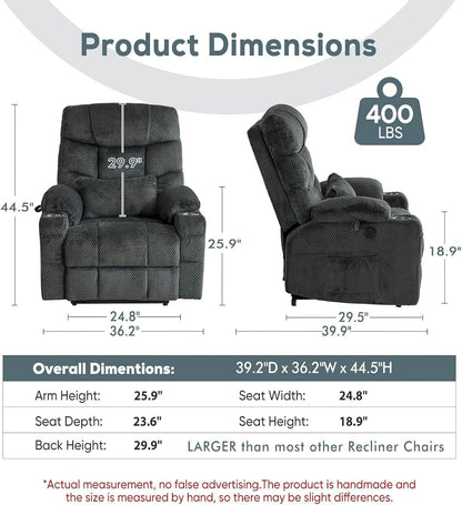 Large Dual Motor Lay Flat Power Lift Recliner Chair Set of 2 for Elderly with Massage and Heat, Textile Oversized Recliner Chair, Lift Chairs Recliner with Lumbar Pillow, Cup Holder, Grey - Loft&Timber