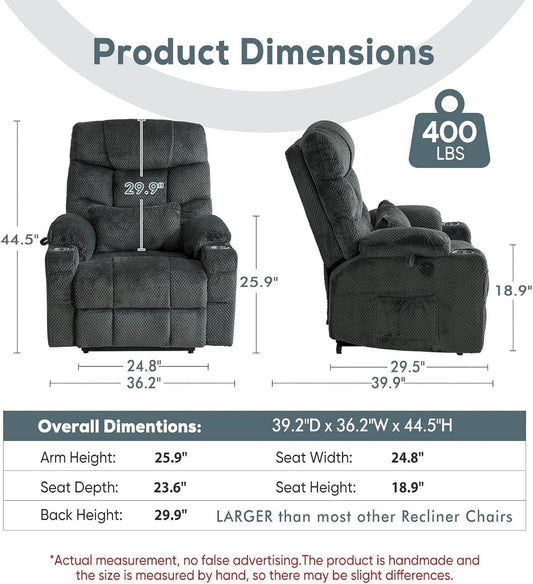 Large Dual Motor Lay Flat Power Lift Recliner Chair Set of 2 for Elderly with Massage and Heat, Textile Oversized Recliner Chair, Lift Chairs Recliner with Lumbar Pillow, Cup Holder, Grey - Loft&Timber