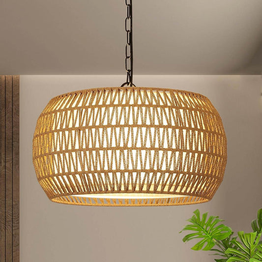 Rattan Farmhouse Chandelier Light Fixtures, 5-Lights Boho Large Pendant Light,Hand Woven Chandeliers for Dining Room with Fabric Shade,Rustic Chandeliers Hanging Light Fixtures for Kitchen Island-1