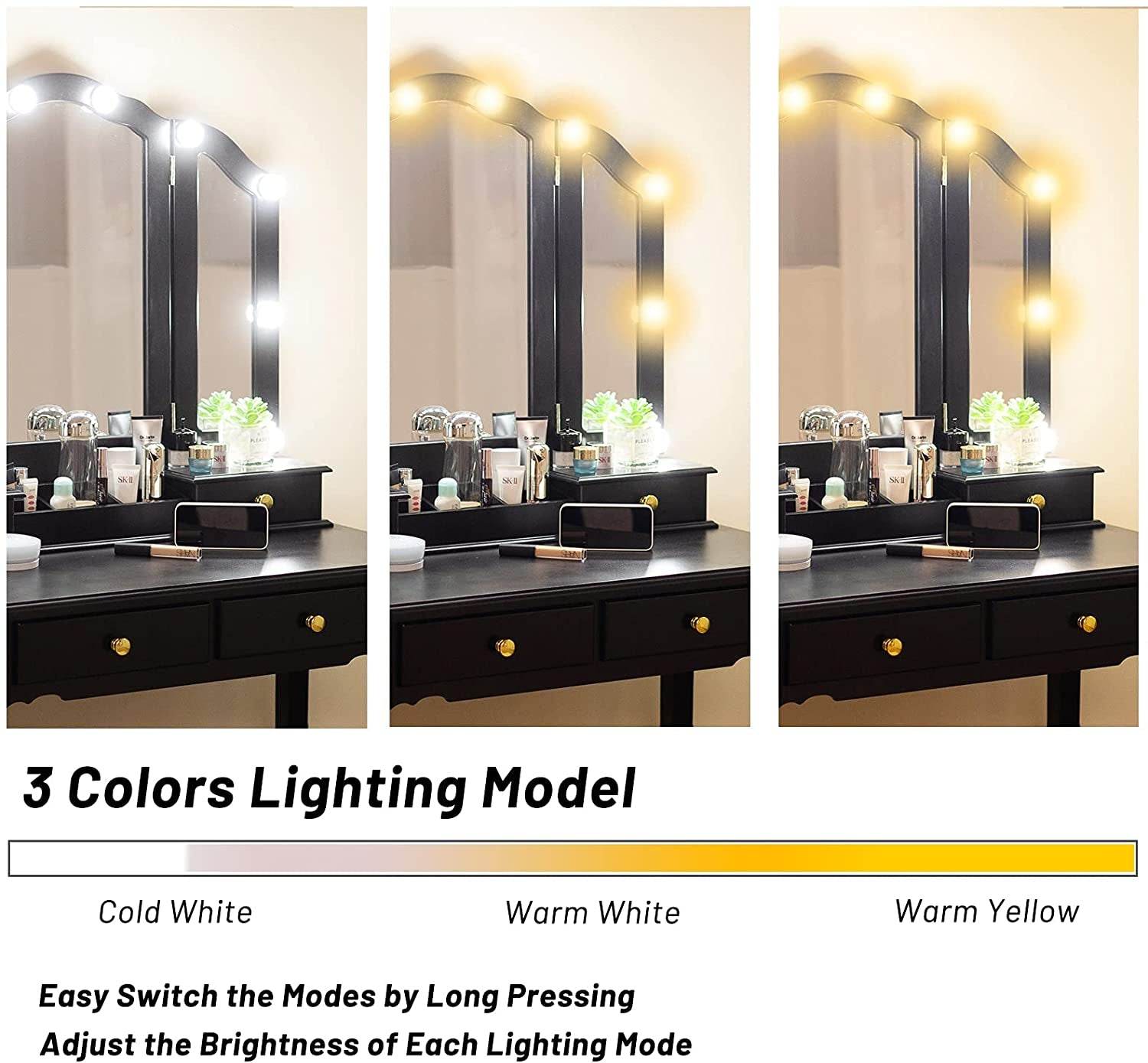 Black Vanity Set with Lighted Tri-Fold Mirror - Loft&Timber