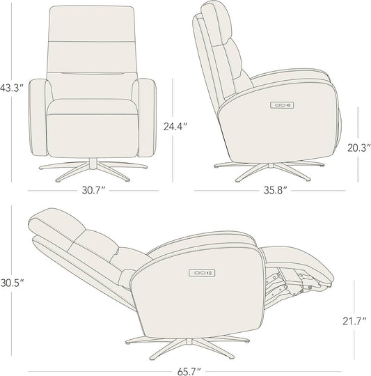 Light Grey Leather Power Swivel Recliner USB-C - Loft&Timber
