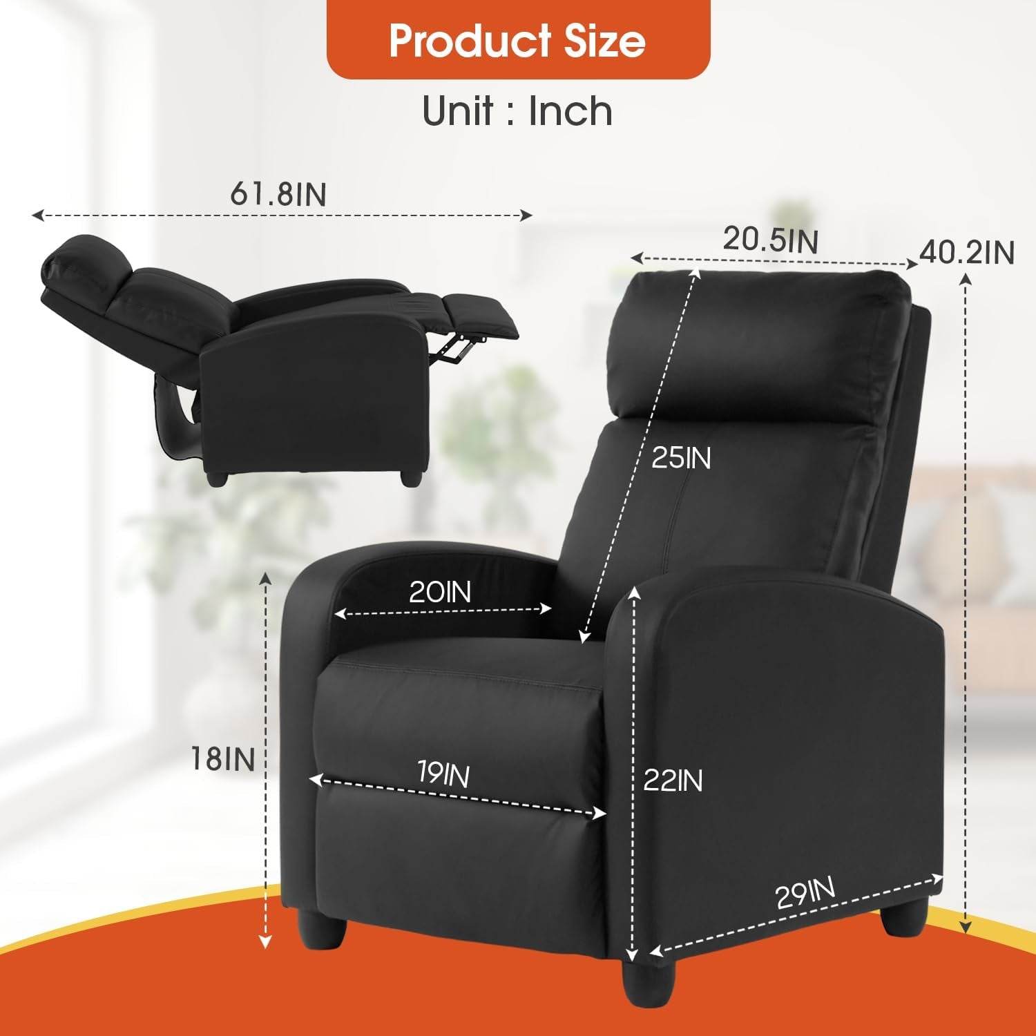 Recliner Chair PU Leather Recliner Sofa Home Theater Seating with Lumbar Support Overstuffed High-Density Sponge Push Back Recliners Armchair for Living Room,Black - Loft&Timber