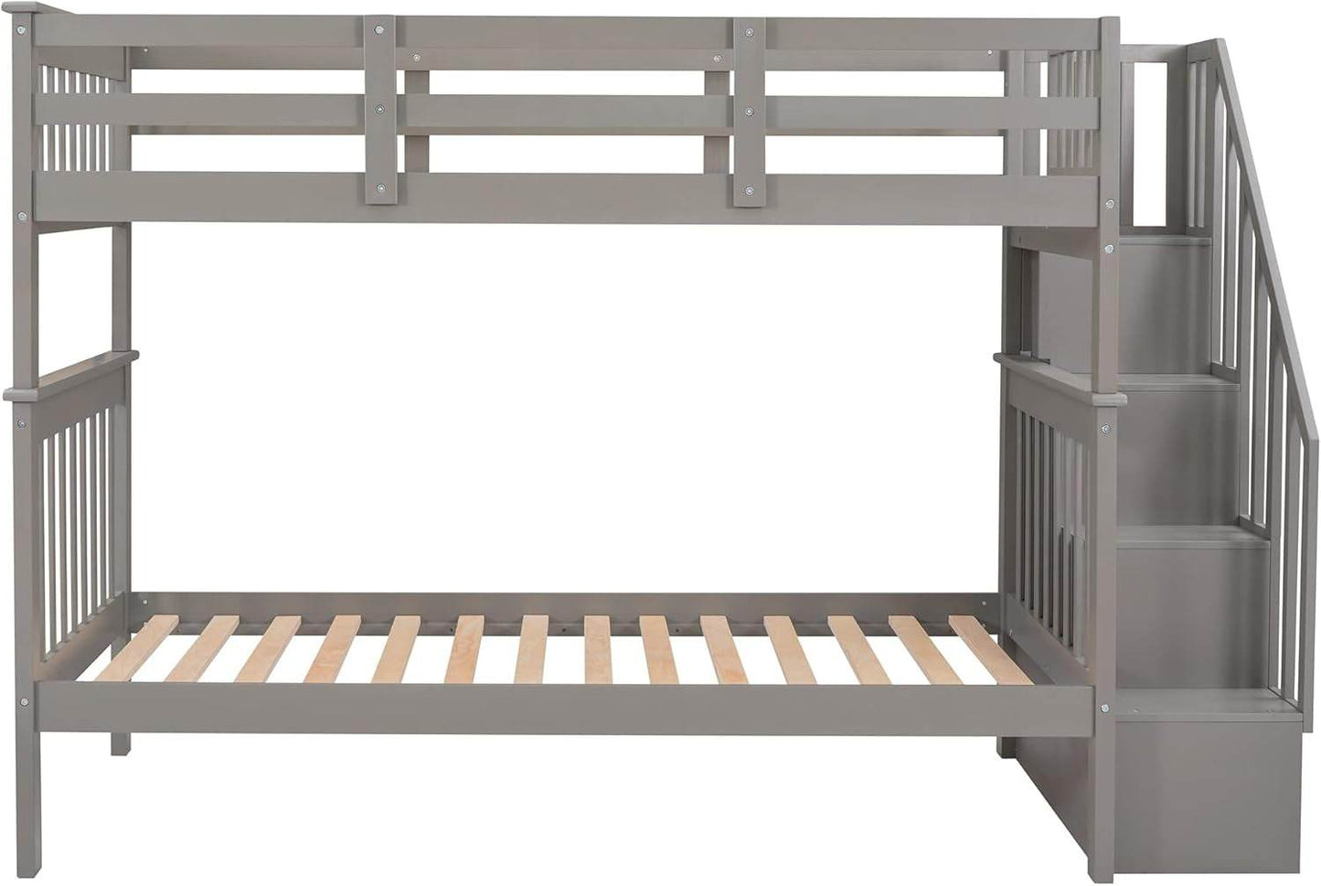 Bunk Beds Twin over Twin with Stairs, Wood Bunk Bed Frame with Storage and Guard Rail,Twin Bunk Beds for Kids, Bedroom, Dorm, Teens, Adults,Grey - Loft&Timber