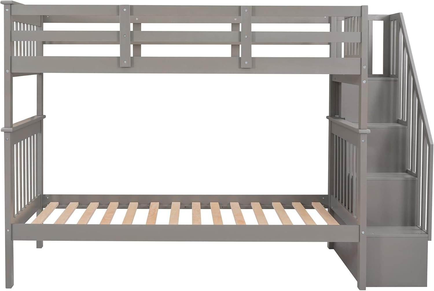 Bunk Beds Twin over Twin with Stairs, Wood Bunk Bed Frame with Storage and Guard Rail,Twin Bunk Beds for Kids, Bedroom, Dorm, Teens, Adults,Grey - Loft&Timber