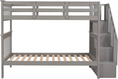 Bunk Beds Twin over Twin with Stairs, Wood Bunk Bed Frame with Storage and Guard Rail,Twin Bunk Beds for Kids, Bedroom, Dorm, Teens, Adults,Grey - Loft&Timber