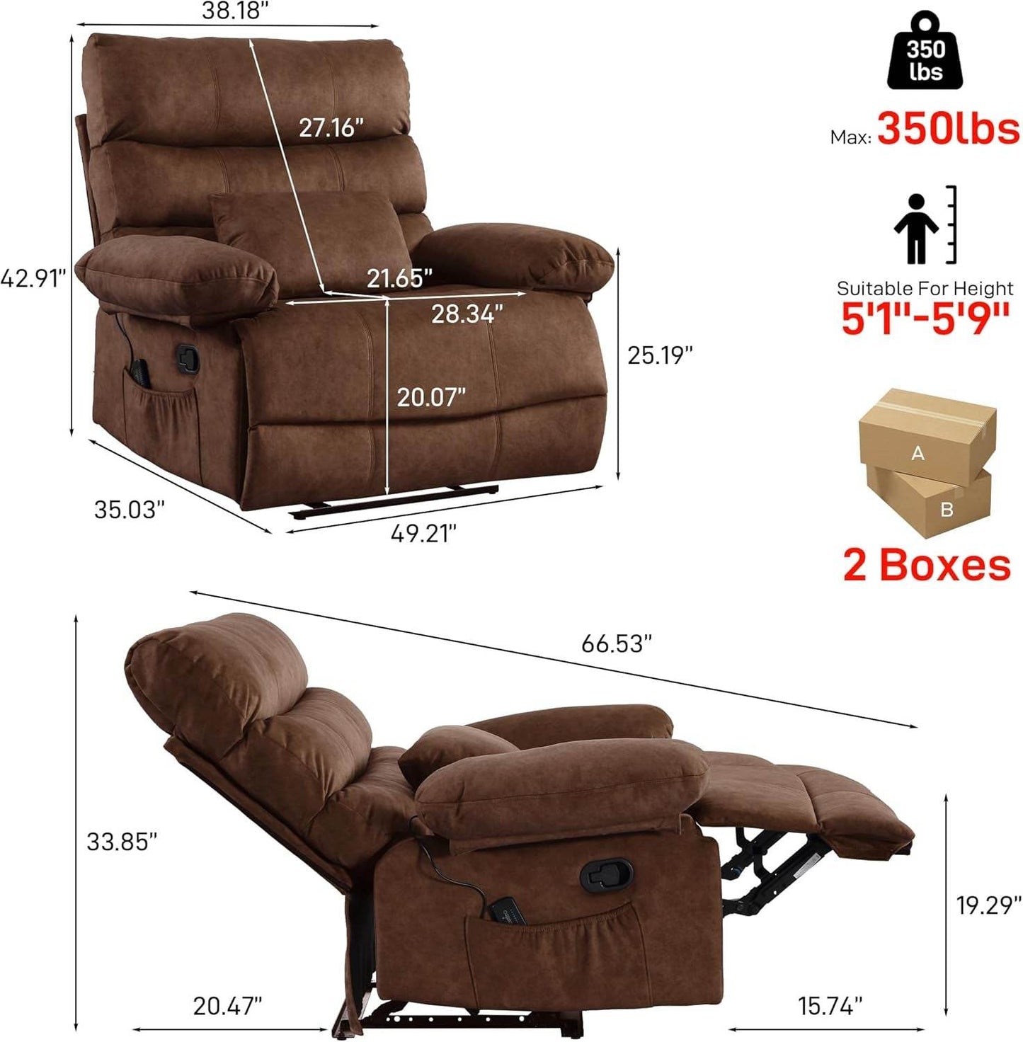 Oversized Recliner Chair, plus Size 28 Inch Large Wide Seat 350 Lb Capacity - Loft&Timber