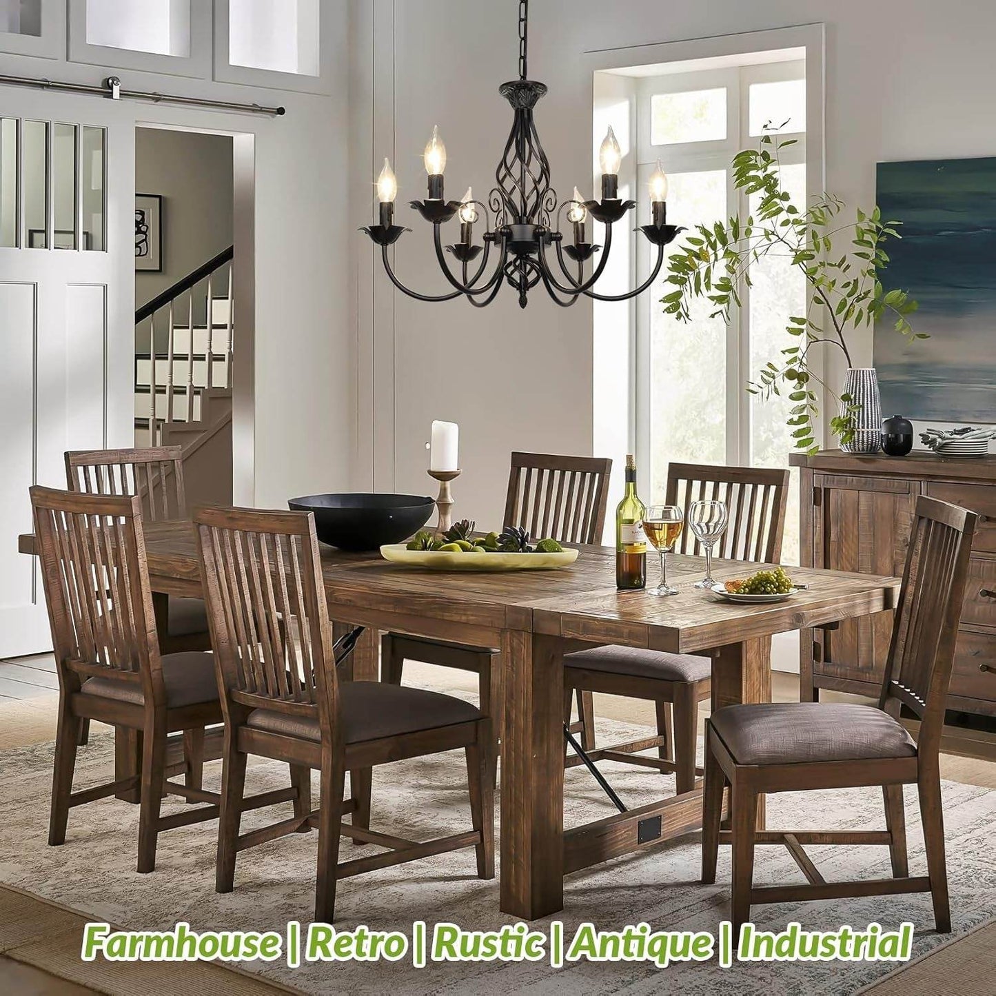 6-Light Farmhouse Candle Chandelier for Living Room, Rustic Industrial Pendant Ceiling Light Fixture, Vintage Hanging Lamp for Bedroom Hallway Kitchen Dining Room Foyer, Matte Black E12 Socket - Loft&Timber