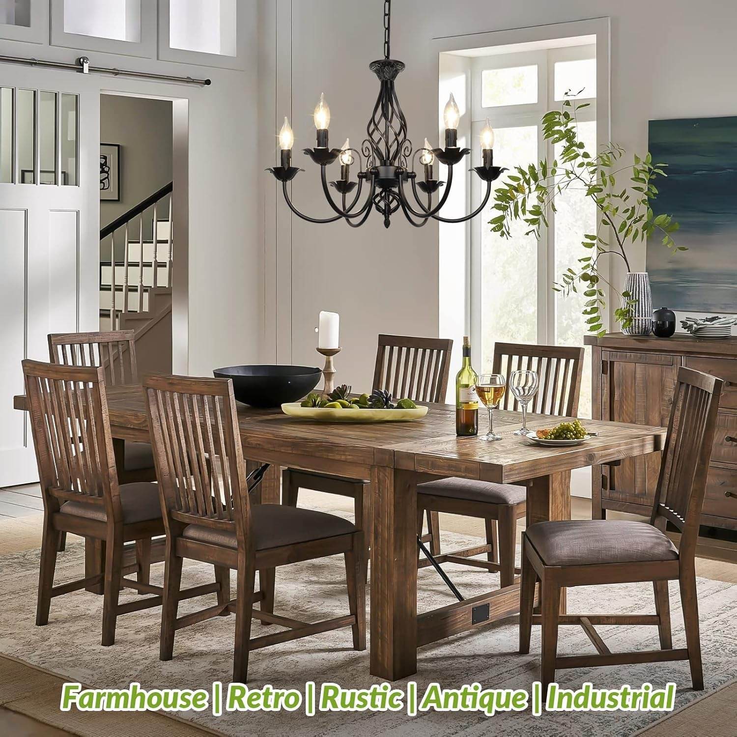 6-Light Farmhouse Candle Chandelier for Living Room, Rustic Industrial Pendant Ceiling Light Fixture, Vintage Hanging Lamp for Bedroom Hallway Kitchen Dining Room Foyer, Matte Black E12 Socket - Loft&Timber