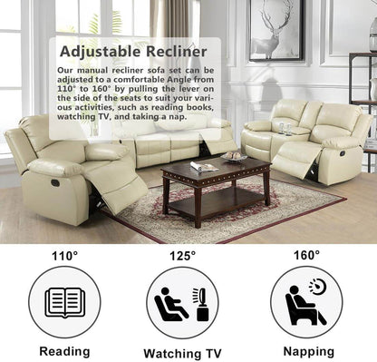 Manual Reclining Sofa Modern Recliner Sofa Couch 3 Seater Leather Reclining Sofa Living Room Furniture Couch with Cup Holders & Flip-Down Table for Home/Office/Rv Car (Beige, 3 Seater Sofa) - Loft&Timber