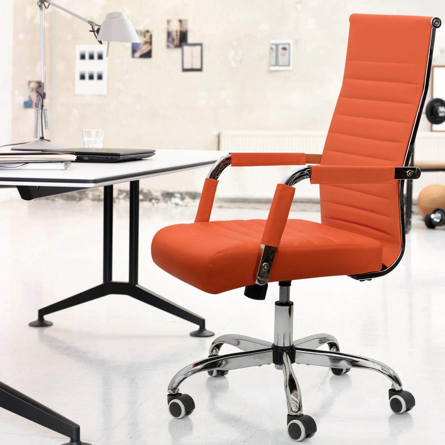 Ribbed Office Desk Chair Mid-Back Leather with Swivel and Arms (Orange) - Loft&Timber