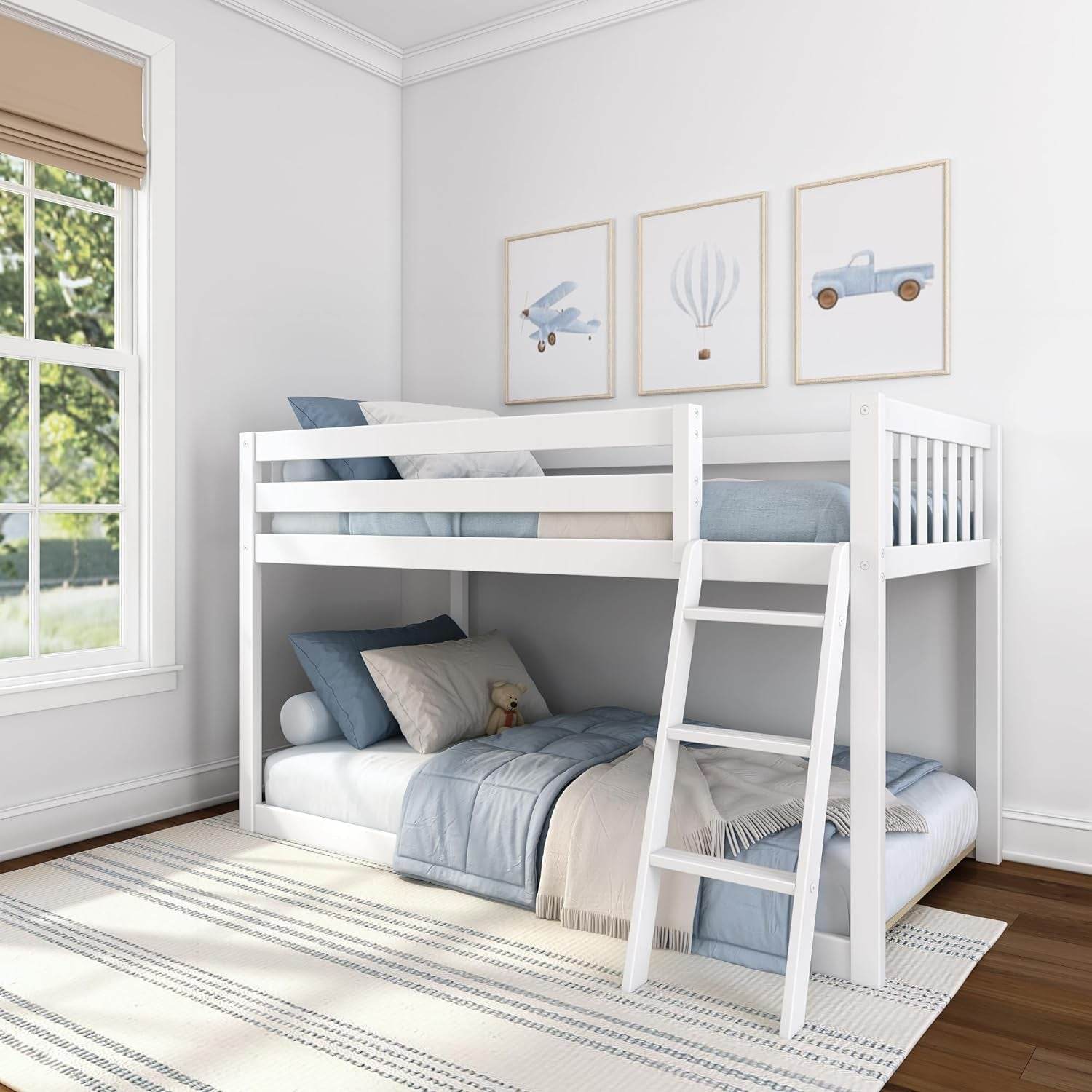 White Fundamental Twin Low Bunk Bed, Kids Solid Wood Modern Bed Frame - Loft&Timber