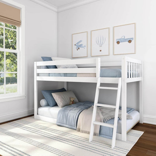 White Fundamental Twin Low Bunk Bed, Kids Solid Wood Modern Bed Frame - Loft&Timber