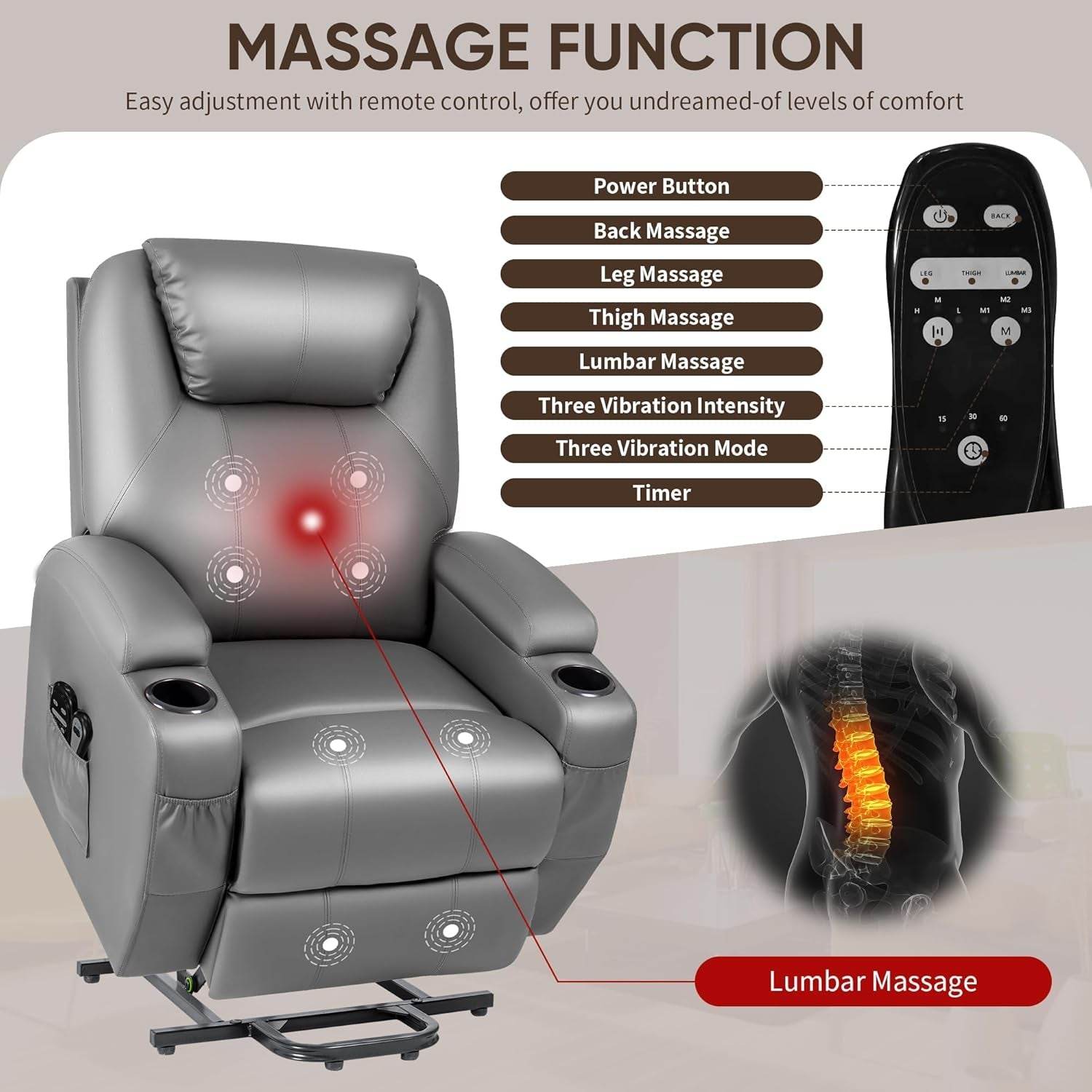 Gray Power Lift Recliner Massage Elderly Cup Holders - Loft&Timber