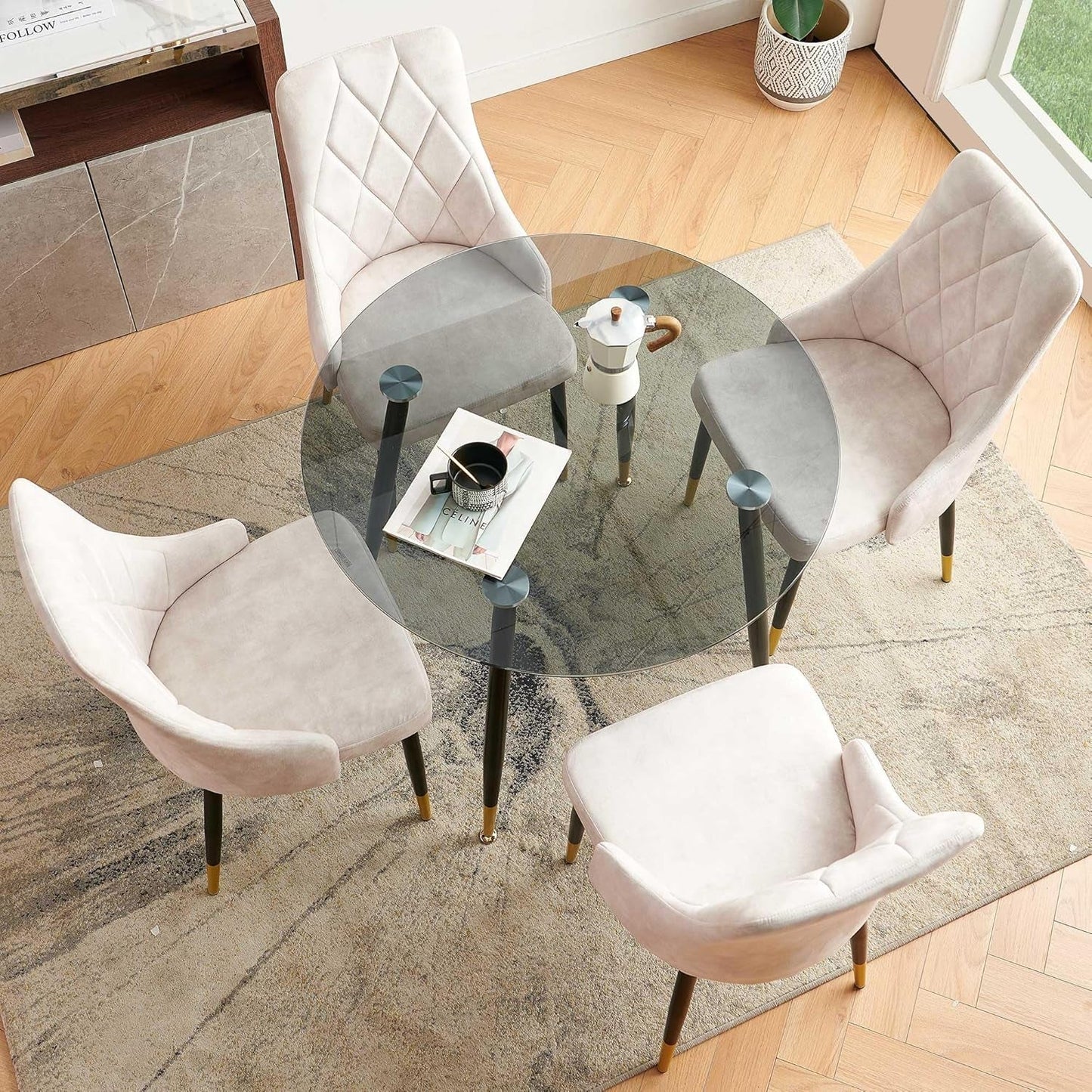 Beige Velvet Dining Chair Set Of 4 With Metal Legs-3