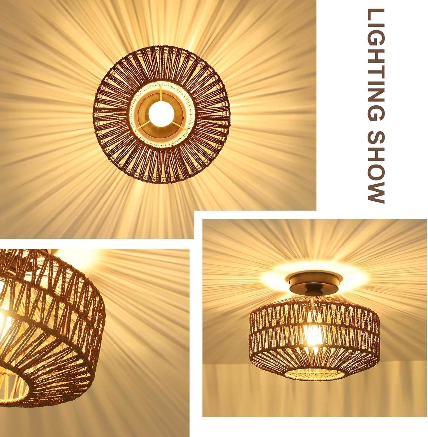 Boho Rattan Light Fixtures Ceiling Mount,Ceiling Light Fixtures with Dimmable LED Bulb,Hand Woven Rattan Chandelier Light Fixtures Ceiling for Bedroom Living Room Entryway(Dark Brown) - Loft&Timber