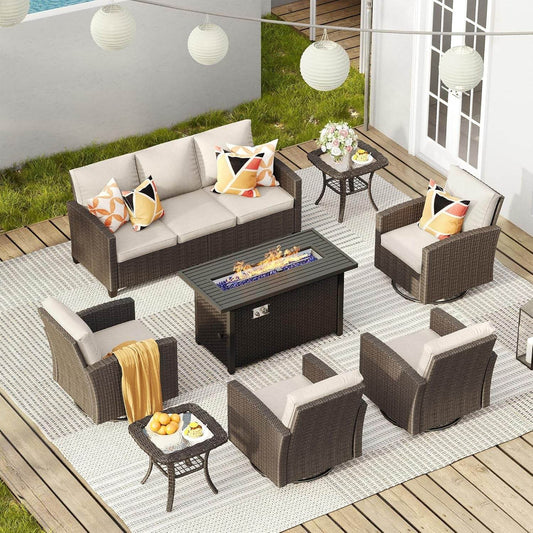 Eight Piece Outdoor Patio Furniture Set with Firepit - Loft&Timber