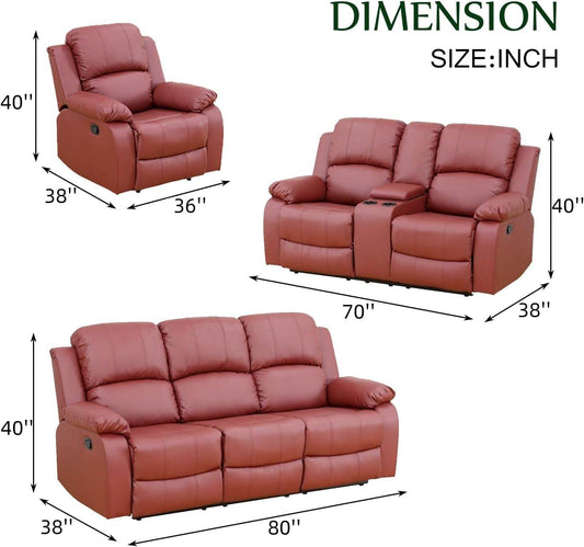 Leather Recliner Sofa Set, Red (Sofa Set 3 Pieces) - Loft&Timber