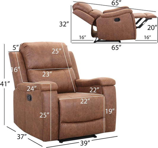 Leather Recliner Chair, Classic and Traditional Manual Recliner Chair with Overstuffed Arms and Back, Manual Single Sofa with Concealed Cup Holders, Brown - Loft&Timber