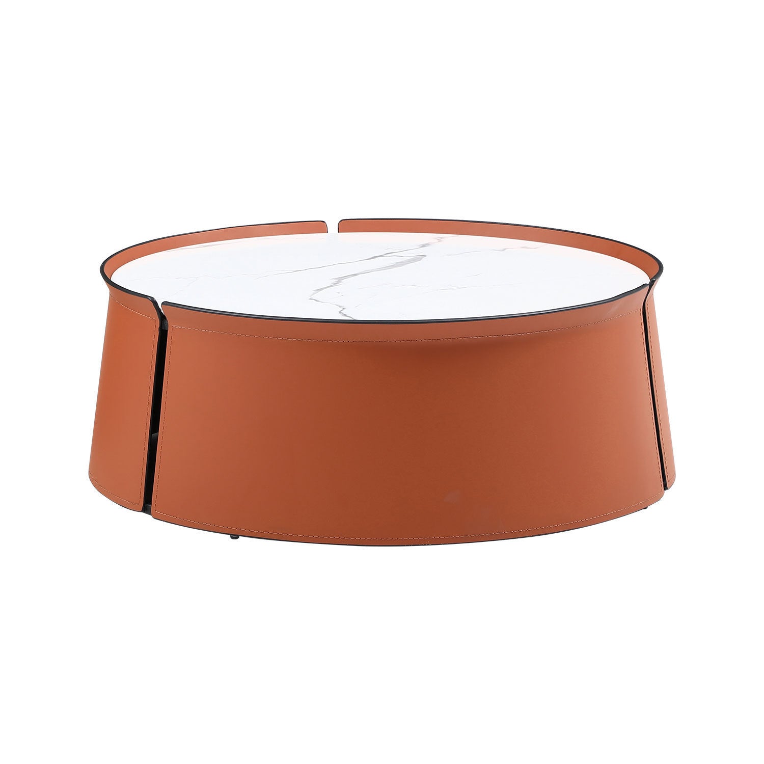 31.5" Coffee Table, Marble Top and Orange Saddle Leather Body - Loft&Timber