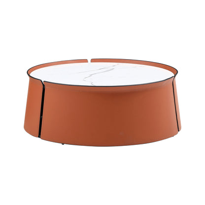 31.5" Coffee Table, Marble Top and Orange Saddle Leather Body - Loft&Timber