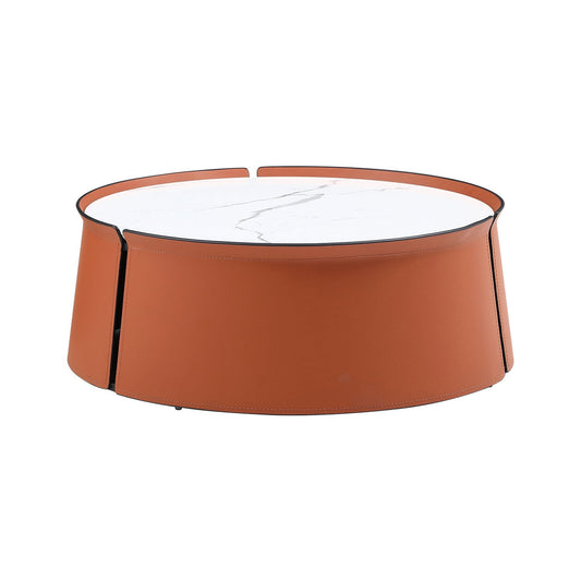 31.5" Coffee Table, Marble Top and Orange Saddle Leather Body - Loft&Timber