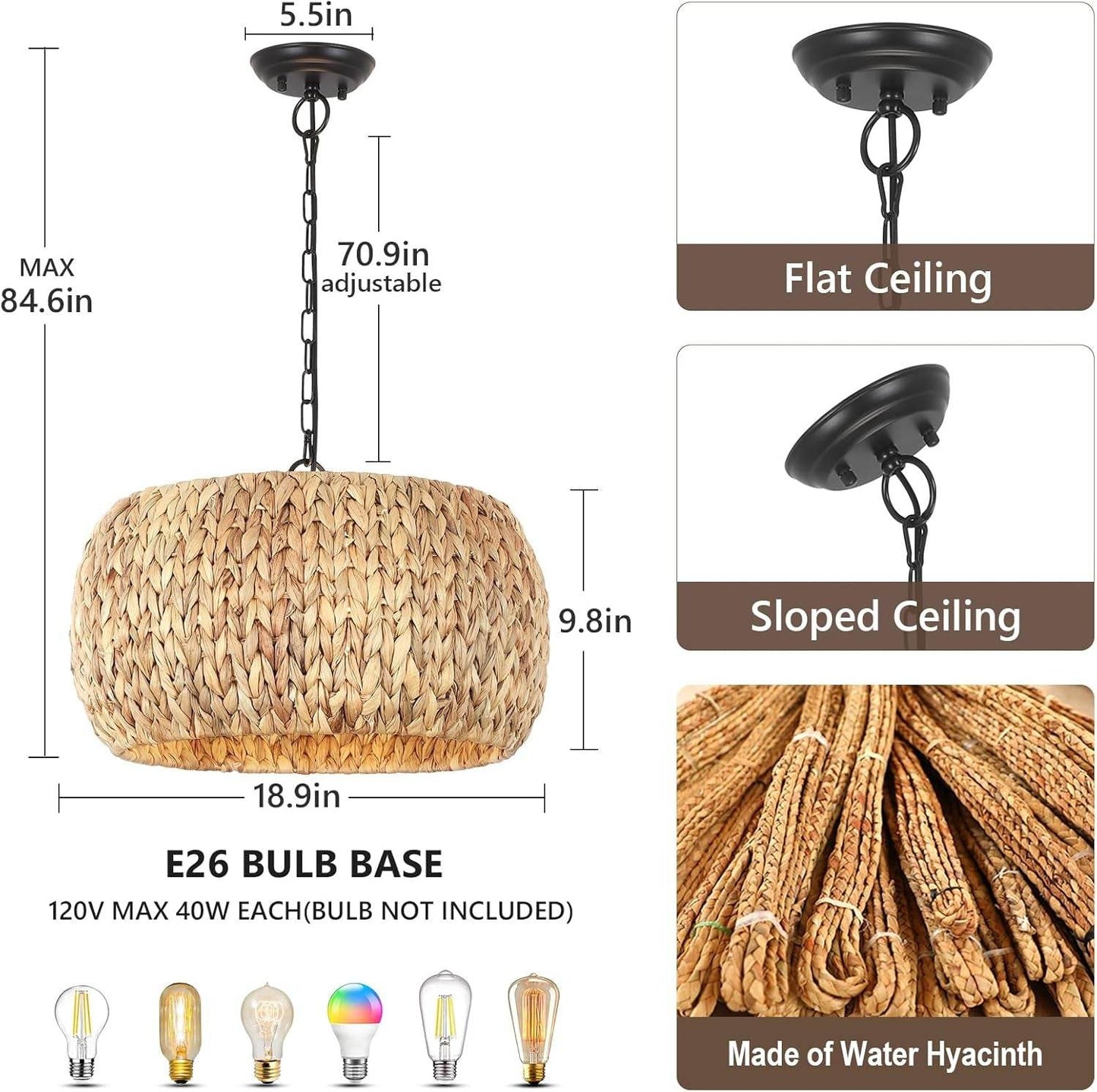 Farmhouse Chandelier for Dining Room,5-Light Boho Chandelier Light Fixture with Water Hyacinth Lampshade,Rattan Dining Room Chandelier Light Fixtures for Kitchen Island Bedroom Living Room - Loft&Timber