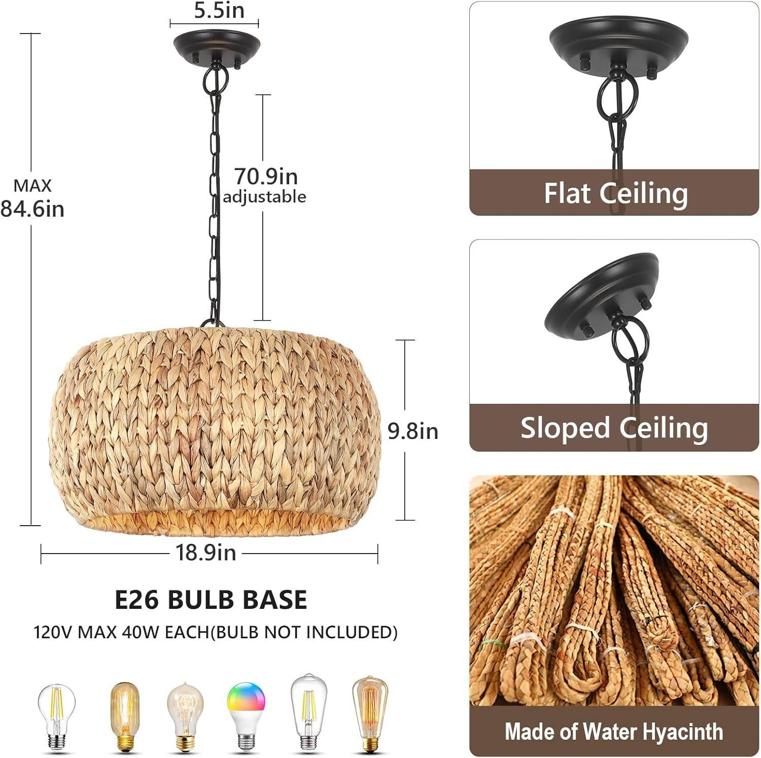 Farmhouse Chandelier for Dining Room,5-Light Boho Chandelier Light Fixture with Water Hyacinth Lampshade,Rattan Dining Room Chandelier Light Fixtures for Kitchen Island Bedroom Living Room - Loft&Timber