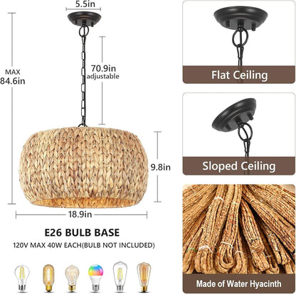 Farmhouse Chandelier for Dining Room,5-Light Boho Chandelier Light Fixture with Water Hyacinth Lampshade,Rattan Dining Room Chandelier Light Fixtures for Kitchen Island Bedroom Living Room - Loft&Timber