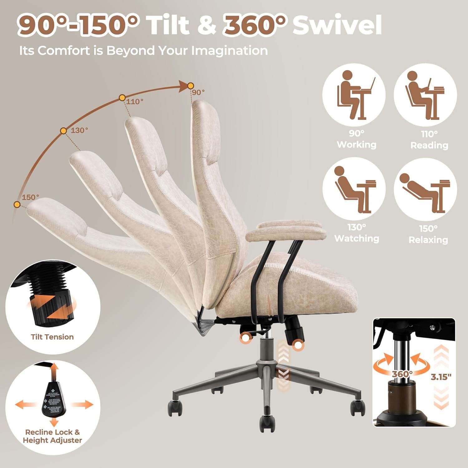 Ergonomic Home Office Chair, Mid-Century Modern Leather Chair with Lumbar Support (Beige, Suede Leather) - Loft&Timber