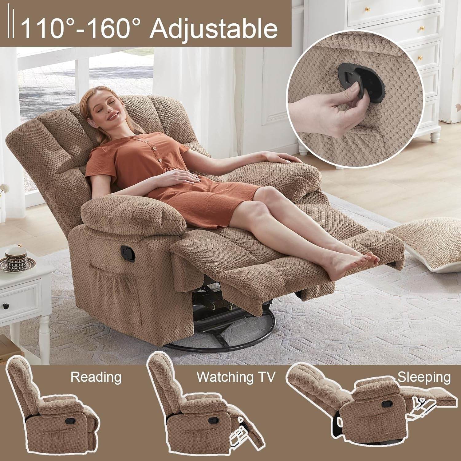 Oversized Rocker Recliner Chair, 360° Swivel (Khaki) - Loft&Timber