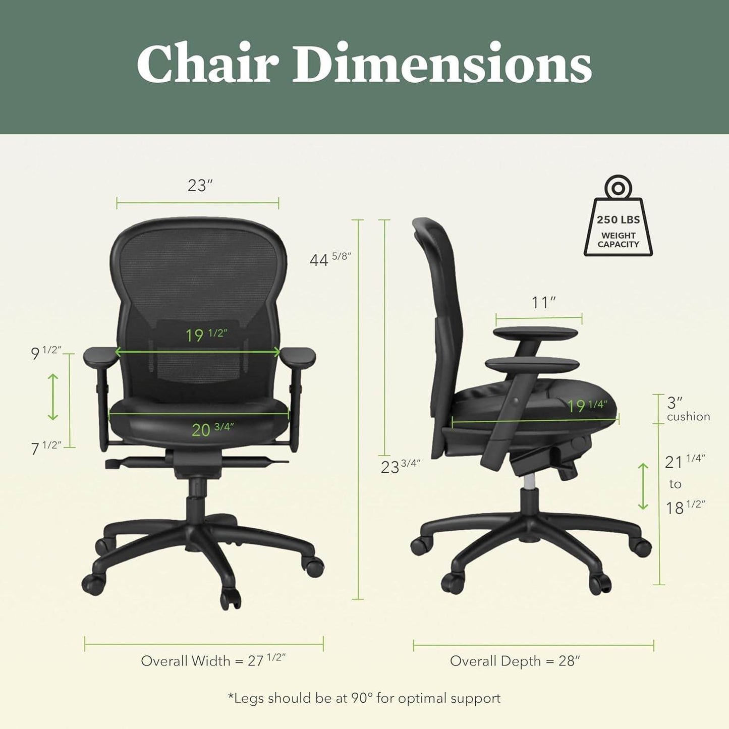Wave High Back Office Chair Ergonomic Office Chair with Leather Seat, Breathable Back Mesh Desk Chair with Wheels and Arms, 360 Swivel, Synchro-Tilt Recline - Comfortable Home Office Desk Chair - Loft&Timber