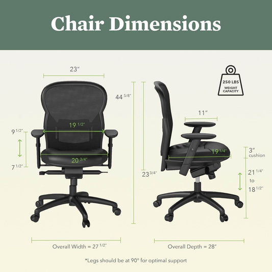 Wave High Back Office Chair Ergonomic Office Chair with Leather Seat, Breathable Back Mesh Desk Chair with Wheels and Arms, 360 Swivel, Synchro-Tilt Recline - Comfortable Home Office Desk Chair - Loft&Timber
