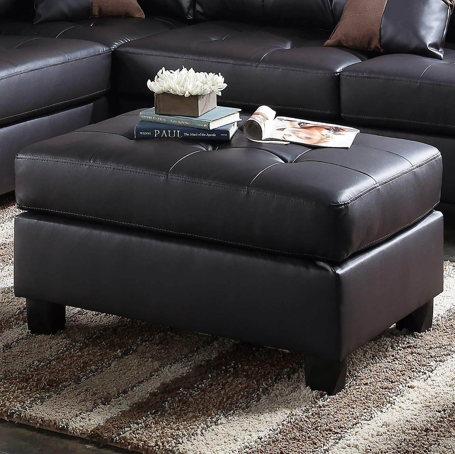 Sectional Sofa, L-Shape Faux Leather Sectional Sofa Couch Set with Chaise, Ottoman, 2 Toss Pillows.（Black） - Loft&Timber