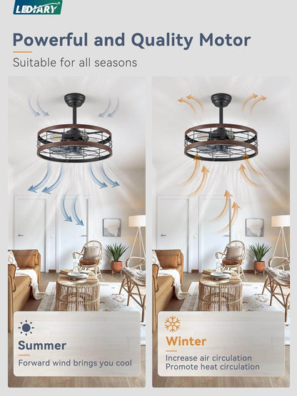 20 Inch Fandelier Caged Ceiling Fan with Light, Bladeless Ceiling Fan with Remote, Farmhouse Fan Lights Ceiling Fixtures for Kitchen, Bedroom, Outdoor(6 Speed, Timing) - Walnut - Loft&Timber