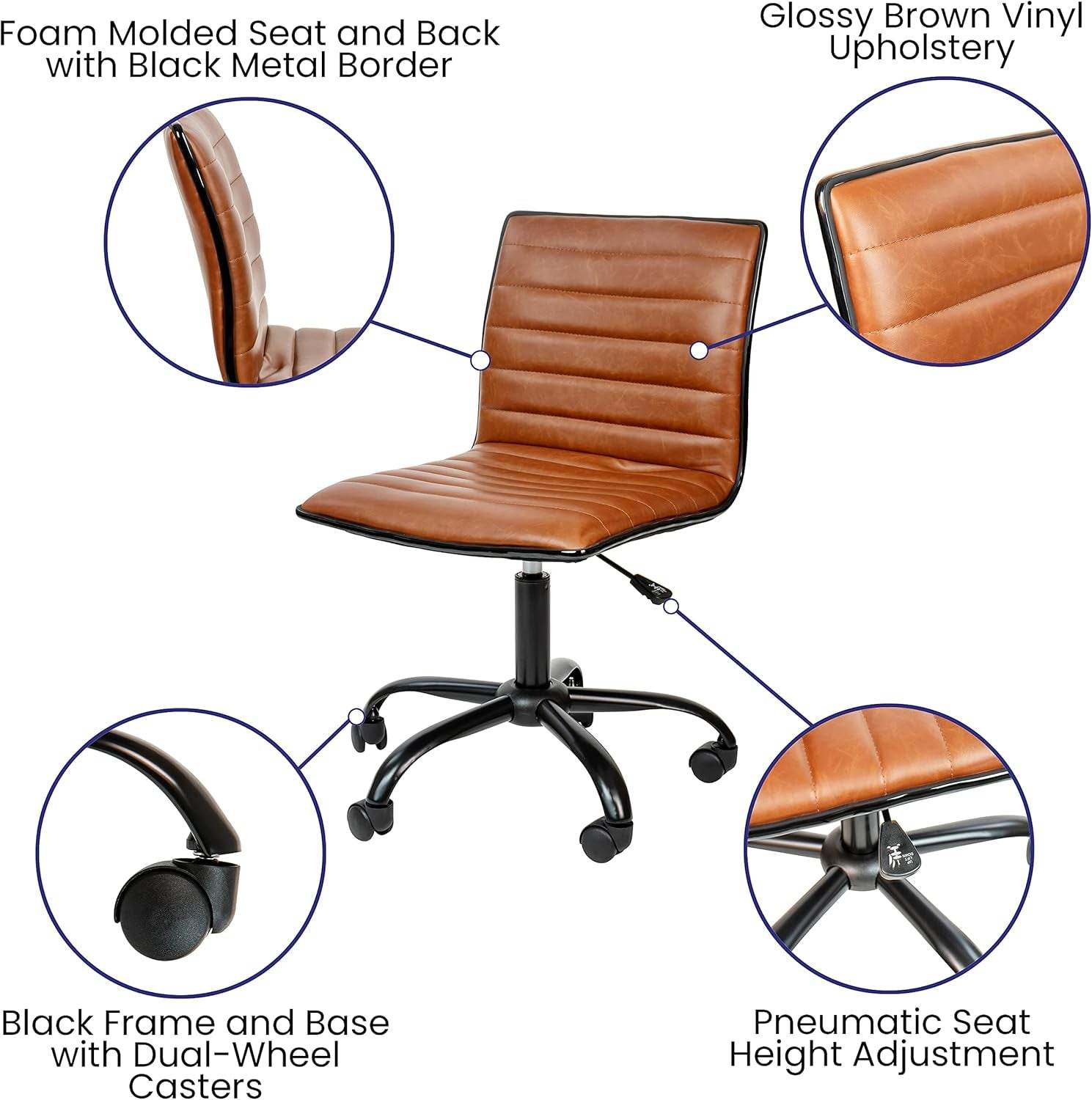 Alan Low-Back Ribbed Upholstered Vinyl Swivel Desk Chair with Padded Seat in Brown - Loft&Timber