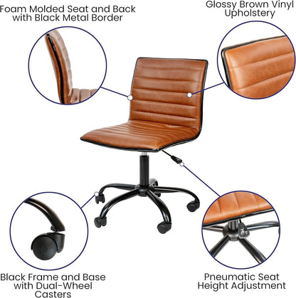 Alan Low-Back Ribbed Upholstered Vinyl Swivel Desk Chair with Padded Seat in Brown - Loft&Timber