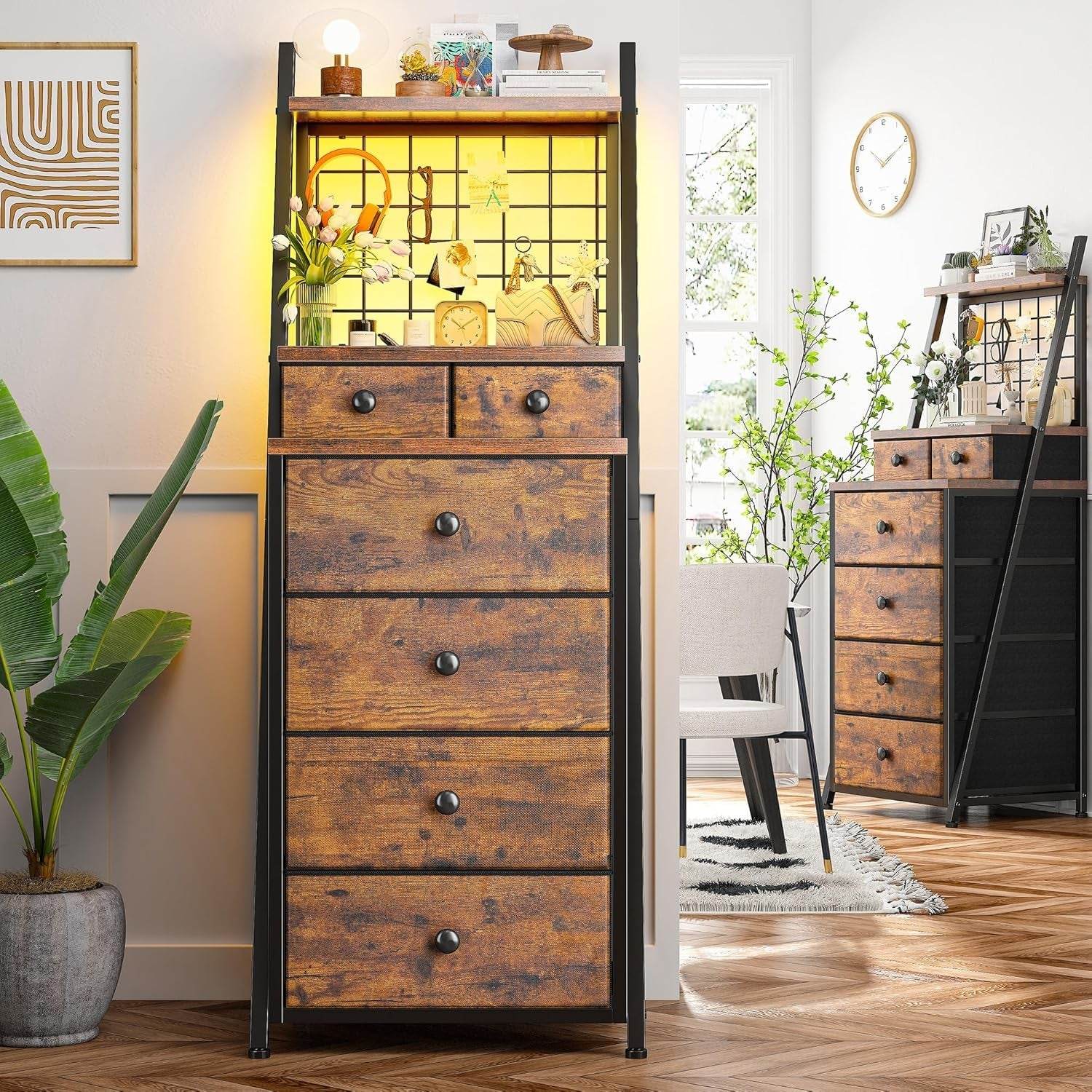 Vertical LED Dresser with 6 Drawer, Brown - Loft&Timber