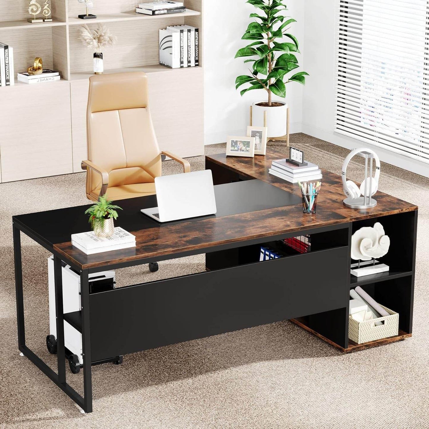 71 Inch Executive Desk, L Shaped Desk with Cabinet Storage in Brown and Black - Loft&Timber