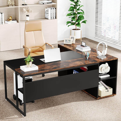 71 Inch Executive Desk, L Shaped Desk with Cabinet Storage in Brown and Black - Loft&Timber
