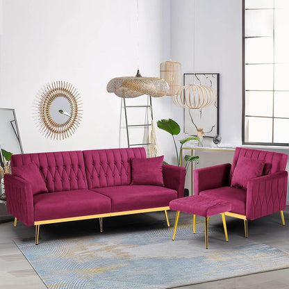 2 Pieces Velvet Futon Sofa Set with Adjustable Backrests and Armrests, 70” Convertible Sofa Bed & Tufted Accent Chair with Ottoman for Living Room, Fuchsia - Loft&Timber