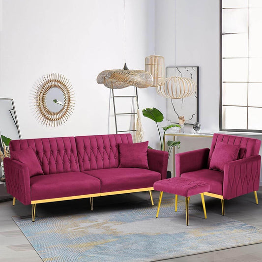 2 Pieces Velvet Futon Sofa Set with Adjustable Backrests and Armrests, 70” Convertible Sofa Bed & Tufted Accent Chair with Ottoman for Living Room, Fuchsia - Loft&Timber